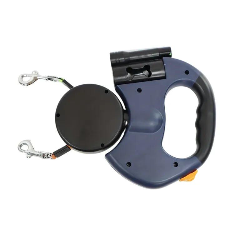 Blue dual retractable dog leash with orange and green reflective leads, designed for walking two dogs up to 50 lbs each without tangling.