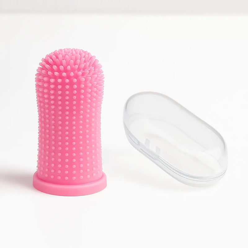Escova de Dentes 360° para Pets com Estojo — Silicone Macio Antibacteriano