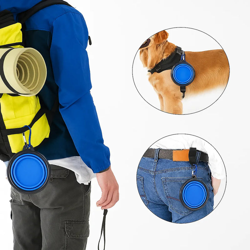 Tigela Portátil Dobrável de Silicone com Mosquetão para Pets