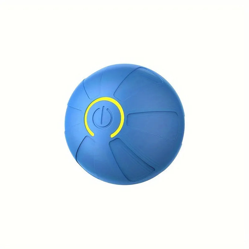 Electric blue ball toy for pets, designed to roll, vibrate, and move on its own, featuring a yellow power symbol on top.